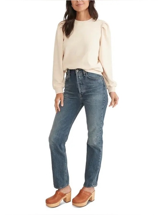 Marine Layer Enya Puff Sleeve Sweatshirt Beige Crewneck Cotton S 25229 - Picture 2 of 15